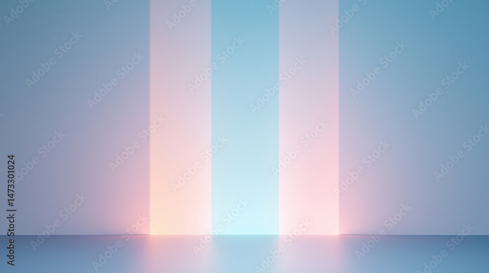 Poster soft pastel lights cast vertical stripes on a minimalistic wall and floor, creating a tranquil and m