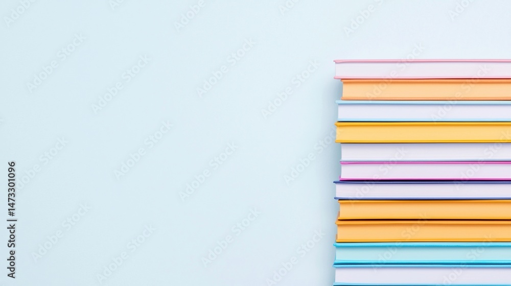 Poster a neatly stacked pile of colorful books is arranged against a light blue background, creating a simp