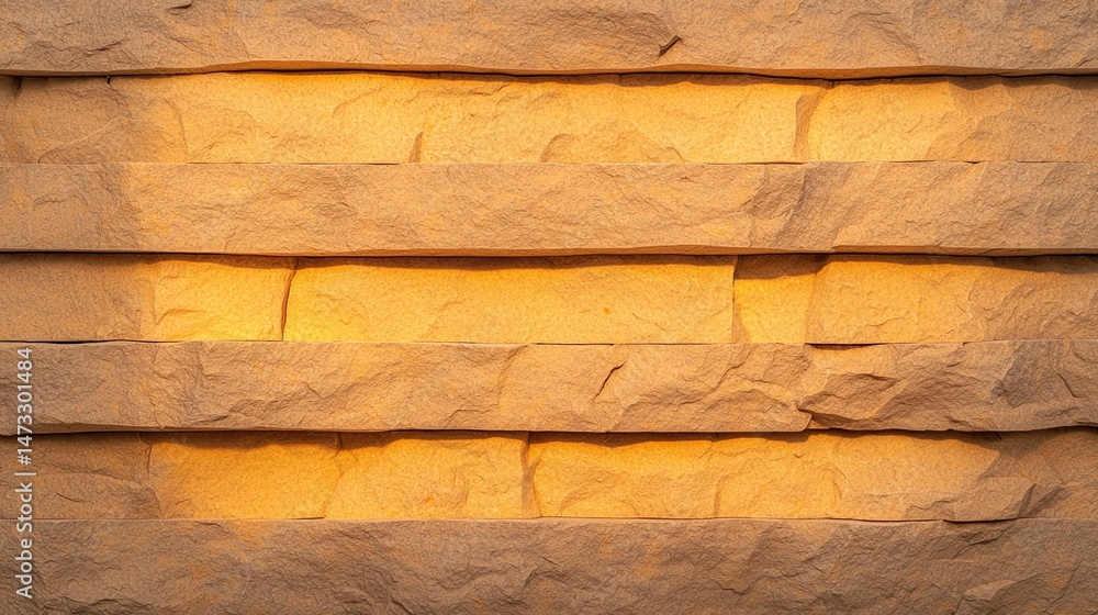 Poster warm, textured stone wall with horizontal layers, softly illuminated by ambient lighting from behind