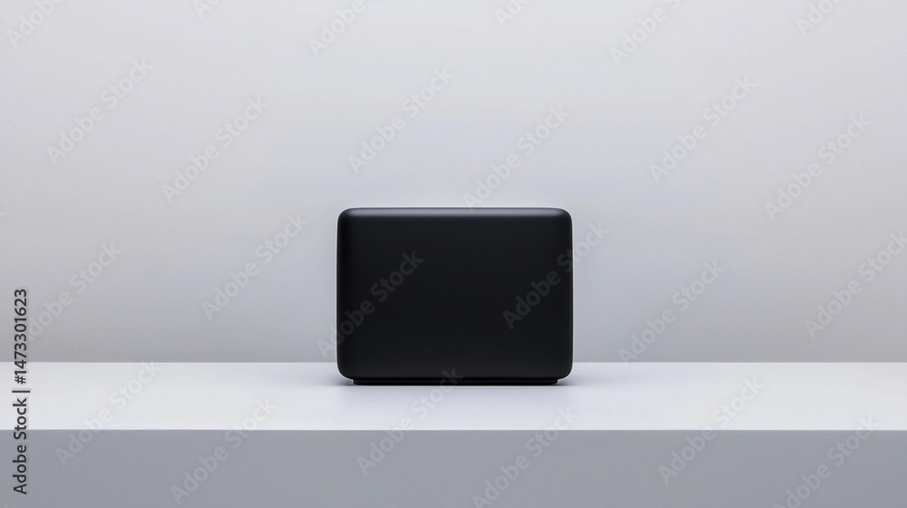 Poster a minimalist black rectangular object sits on a white surface against a light gray background.