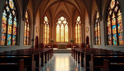 Serene church interior, stained glass, altar, peaceful atmosphere , belief, god, christianity