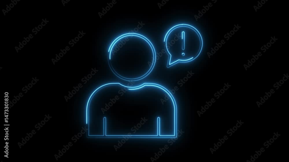 Poster glowing neon user icon animation on black background concept of attention and warning