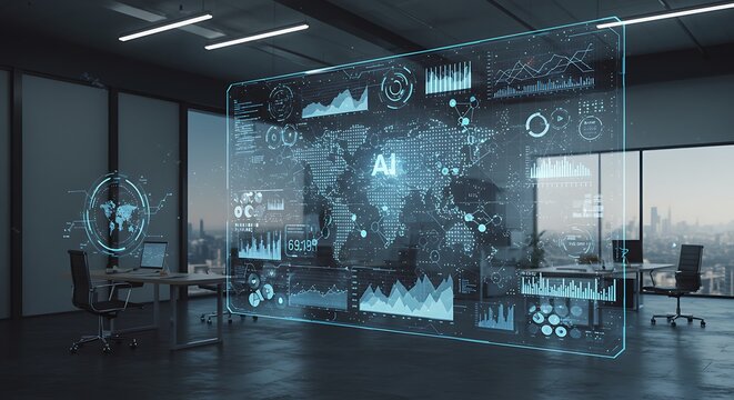 Artificial intelligence data analysis visualization in modern office space with world map display - Powered by Adobe