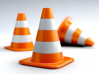 A collection of vibrant orange traffic cones arranged artistically, showcasing their distinctive design and bright colors in a clean, white background.