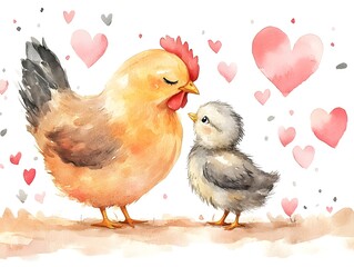 A tender watercolor painting depicts a hen lovingly nuzzling her small chick surrounded by delicate pink hearts.