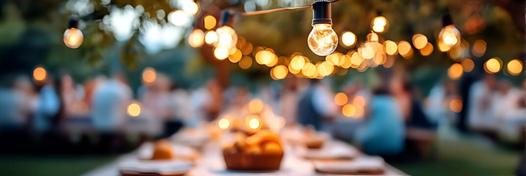 A cozy outdoor dining setting illuminated by string lights, perfect for gatherings and celebrations with friends and family.
