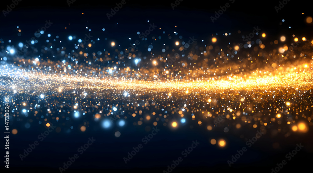 Poster a dazzling display of vibrant blue and gold particles swirling together, creating an enchanting visu