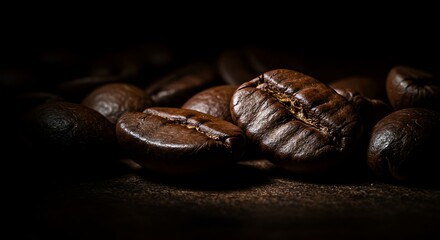 Dark roast coffee beans close up macro shot for coffee lovers and enthusiasts and dark food photography
