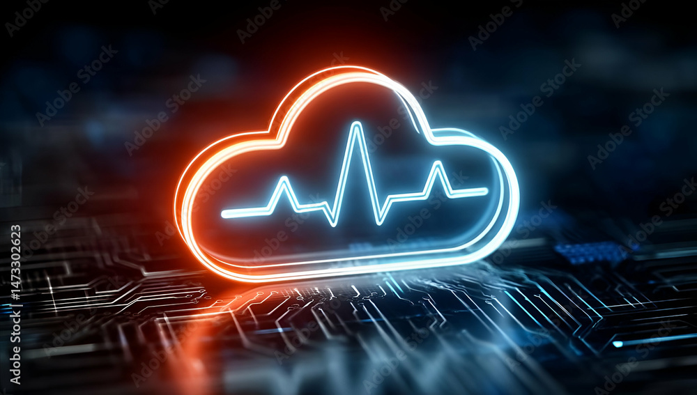 Poster a digital cloud icon with a heartbeat line, symbolizing health technology and data monitoring.