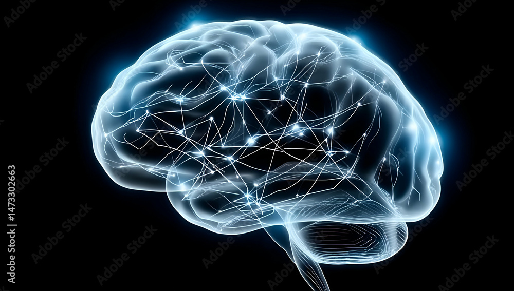Poster a digital representation of a brain with neural connections, symbolizing intelligence, cognition, an