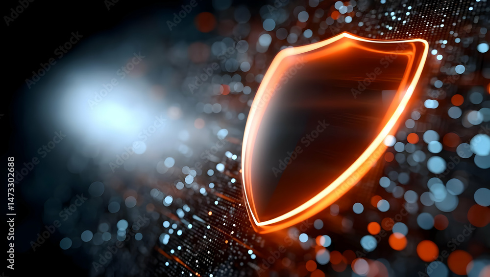 Poster a digitally crafted shield symbol representing security and protection against threats, set against 
