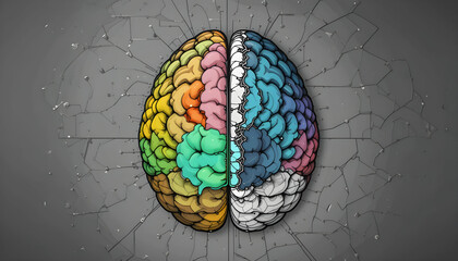 A brain showing colored functional regions, with cracks symbolizing cognitive deterioration due to Alzheimer’s.