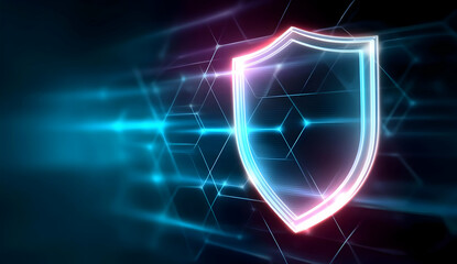 Fototapeta premium A digital shield icon glowing with neon colors, representing cybersecurity protection in a modern electronic world, set against a tech-inspired background.