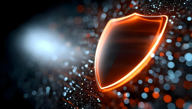 A digitally crafted shield symbol representing security and protection against threats, set against a blurred background of glowing particles.