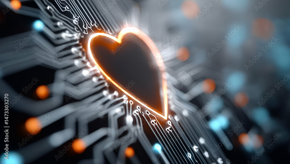 Poster a glowing heart shape integrated into a circuit board, symbolizing the connection between emotions a
