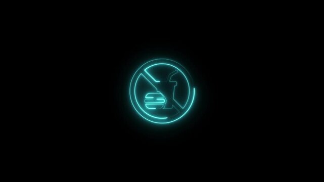 glowing neon no-food icon animation black background. 4K Video motion graphic animation.
