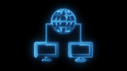 Glowing neon global network two computers connected high technology system isolated on black background