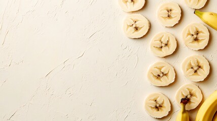banana slices spaced evenly along the bottom edge of a smooth off-white background, fun minimalist concept, flat lay top-down, copy space on top