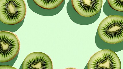 Fototapeta premium kiwi slices placed only on the left edge of a pastel mint background, clean layout, tropical fruit theme, soft shadows and subtle detail