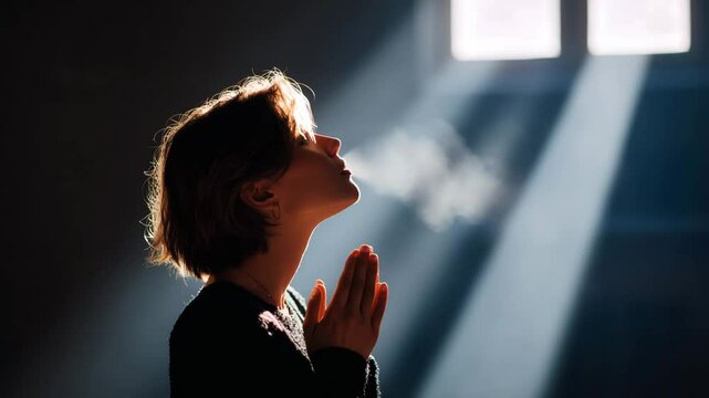Young woman in church praying with hands clasped, sunlight streaming through window, visible breath in cold air, peaceful and hopeful atmosphere, spiritual moment of prayer
