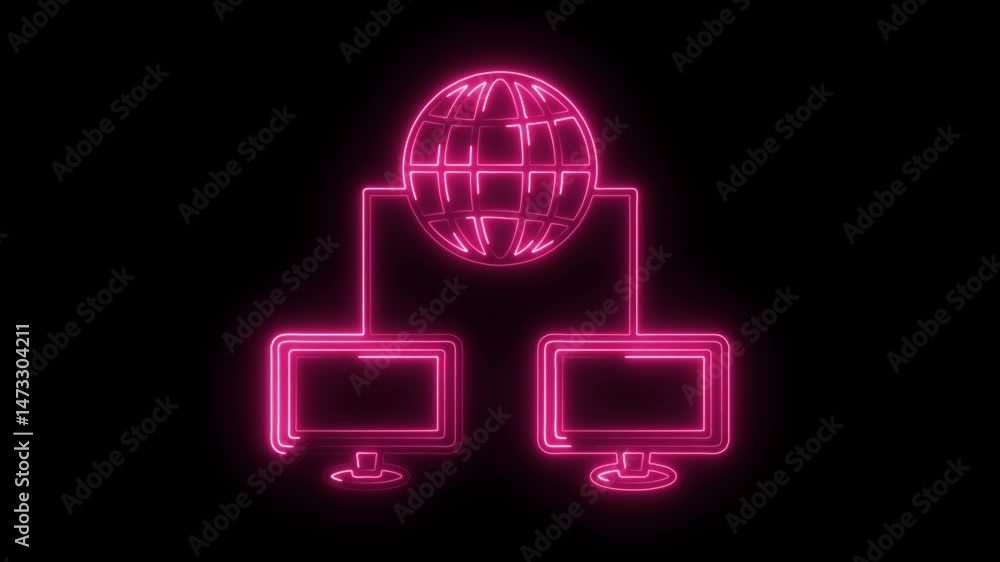 Poster network connection pink neon glow two computers global communication symbol on black background
