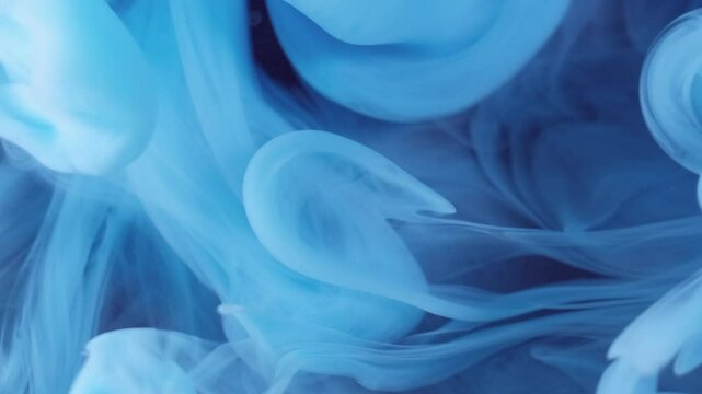 Smoke blow. Paint burst. Blue puff spray shot spread on black background. Abstract water color blob explosion blur layer veil fantasy mist.