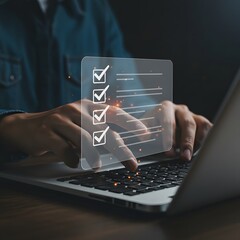 Fototapeta premium Person Using Laptop Completing Checklist Digital Task Management