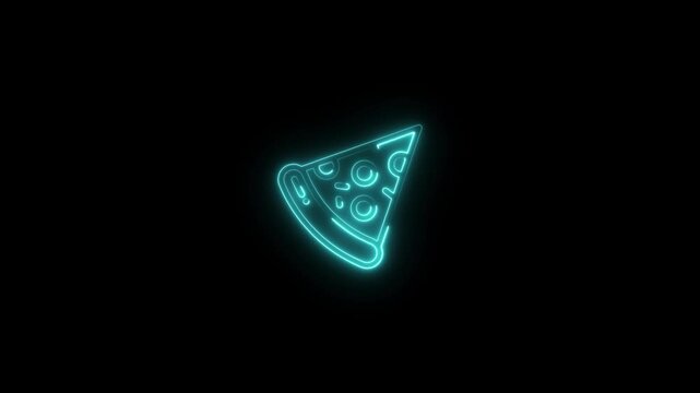 glowing neon pizza icon animation black background. 4K Video motion graphic animation.