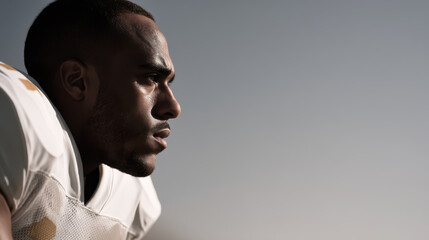 Fototapeta premium portrait of football player on left side of frame showcasing determined expression
