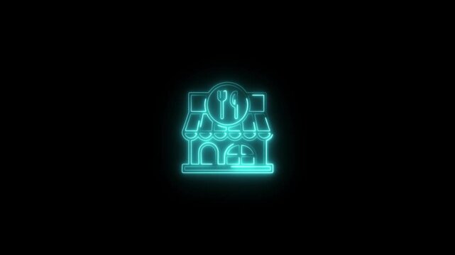 glowing neon restaurant icon animation black background. 4K Video motion graphic animation.