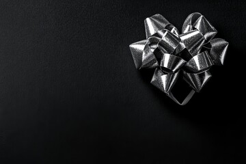 Black background with a silver heart-shaped gift bow on the right side, flat lay, top view. Silver ribbon in the shape of a love symbol for holiday decoration or Valentine's Day concept.