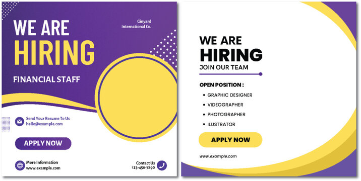 Recruitment announcement for creative and financial roles at GinYard Co - Powered by Adobe