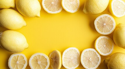 a few lemon slices on the bottom edge of a bright yellow background, vibrant and minimal, top-down flat lay, clean center space for design