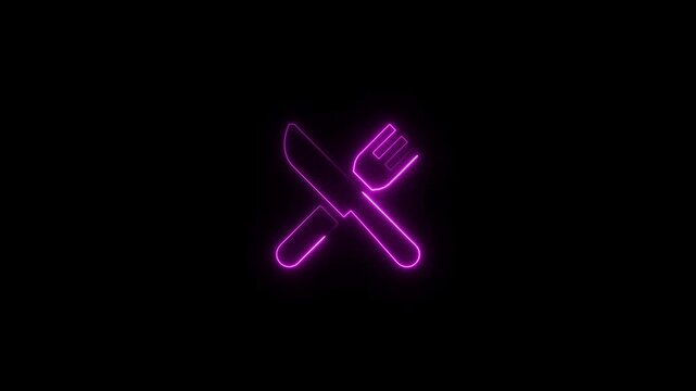 glowing neon restaurant icon animation black background. 4K Video motion graphic animation.