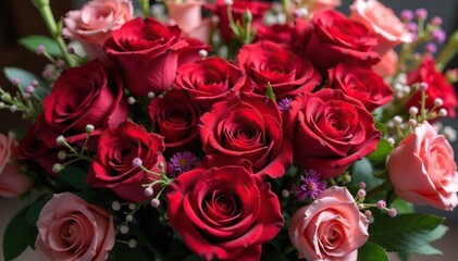 Obraz premium Close-up of a heart-shaped arrangement of red roses and other vibrant flowers , Valentine's Day, anniversary