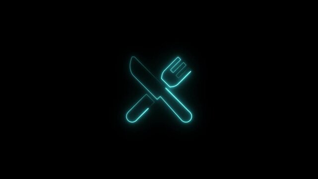 glowing neon restaurant icon animation black background. 4K Video motion graphic animation.