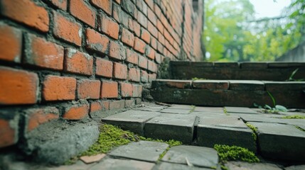 Old crumbling brick wall with aged red and black bricks, moss and cracks adding vintage charm