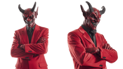Halloween costumes man dressed as devil, devil head, collection set of 2, cutout isolated transparent background