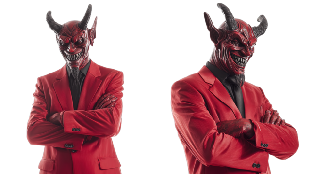 Halloween costumes man dressed as devil, devil head, collection set of 2, cutout isolated transparent background