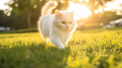 A white Persian cat walking on soft grass