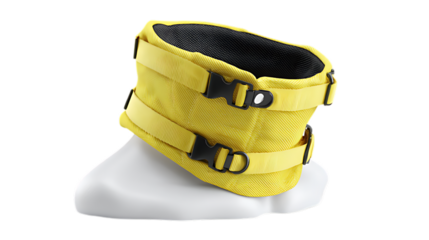 A yellow neck brace with black buckles on a white mannequin neck