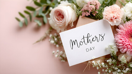 Beautiful floral arrangement featuring pink and white flowers with a greeting card for Mother's Day, showcasing love and appreciation for mothers in a soft pastel setting. Selective focus