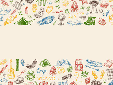 Hand drawn vintage sketch of colorful camping and travel border with hiking gear, picnic food and summer outdoor items on light background
