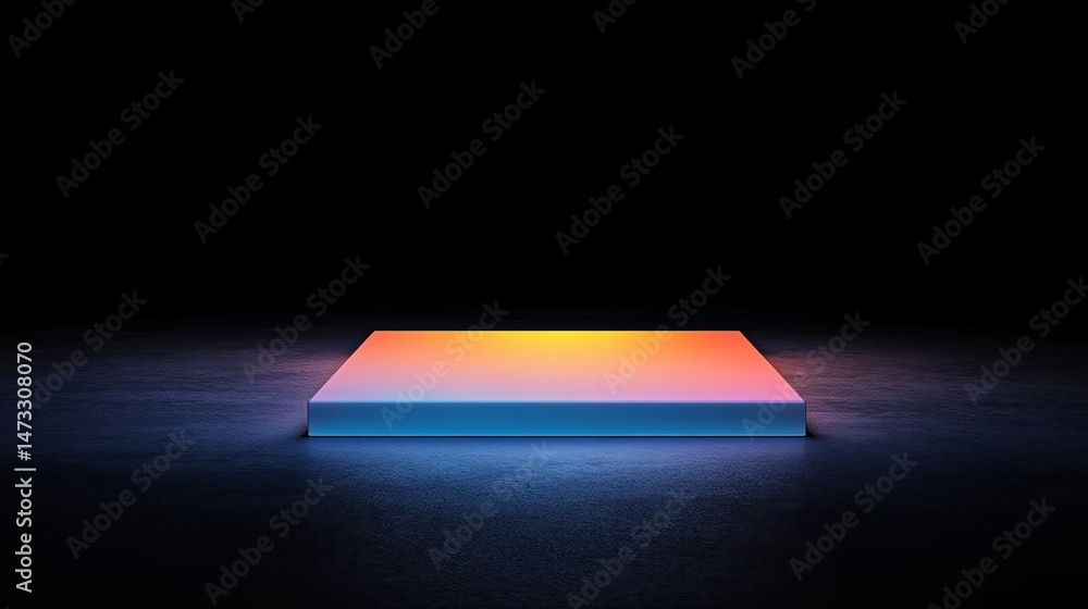 Poster a glowing rectangular platform emits colorful light, illuminating a dark, empty space with a futuris