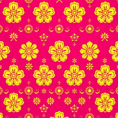 Traditional Chinese floral fabric with gold motifs on fuchsia background.