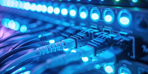 A close-up of a computer server with multiple cables and lights, illuminated in a blue hue.