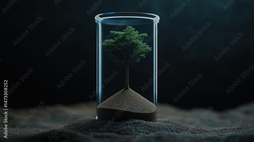 Poster a small tree grows inside a glass container filled with soil, symbolizing conservation and environme