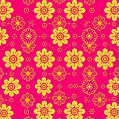 Obraz premium Traditional Chinese floral fabric with gold motifs on fuchsia background.