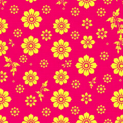 Traditional Chinese floral fabric with gold motifs on fuchsia background.
