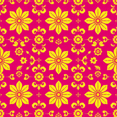 Traditional Chinese floral fabric with gold motifs on fuchsia background.